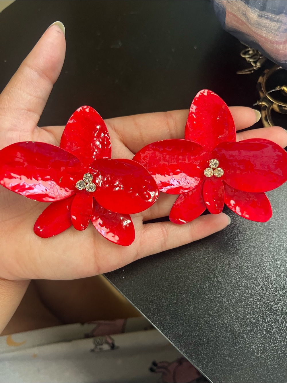 Red Floral Statement Earrings - Women Accessories